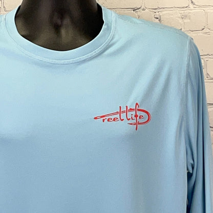 Reel Life American Flag Fish Long Sleeve Fishing Shirt Light Blue Mens L Large