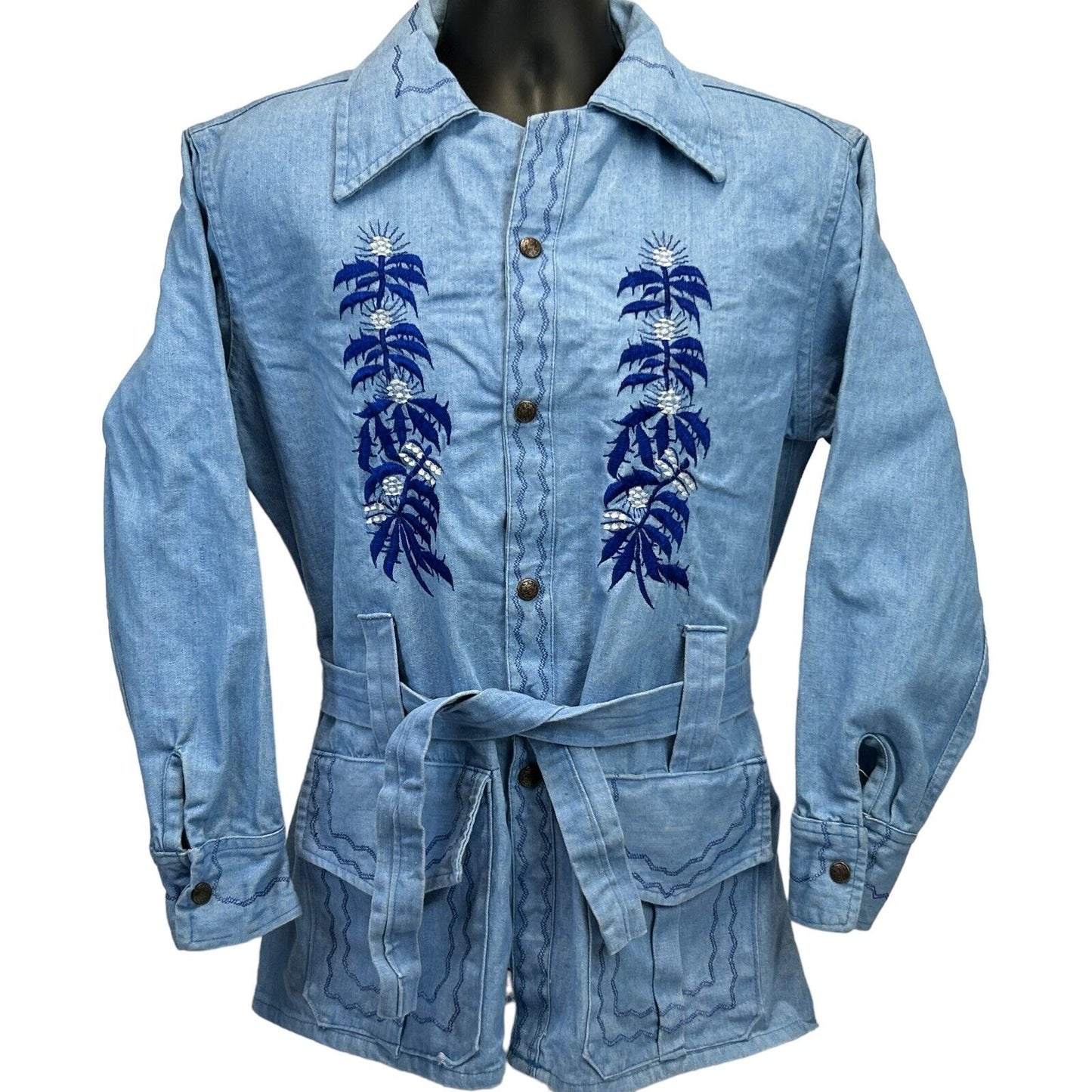 Chaqueta vaquera vintage de los años 70 con bordados aztecas, talla grande 44, vaquera occidental, para hombre, color azul