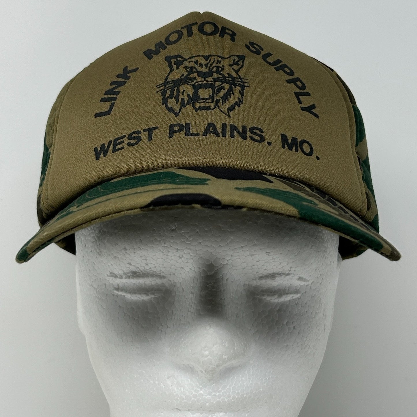Vintage 80s Link Motor Supply Hat Baseball Cap Camouflage Auto Snapback Beige