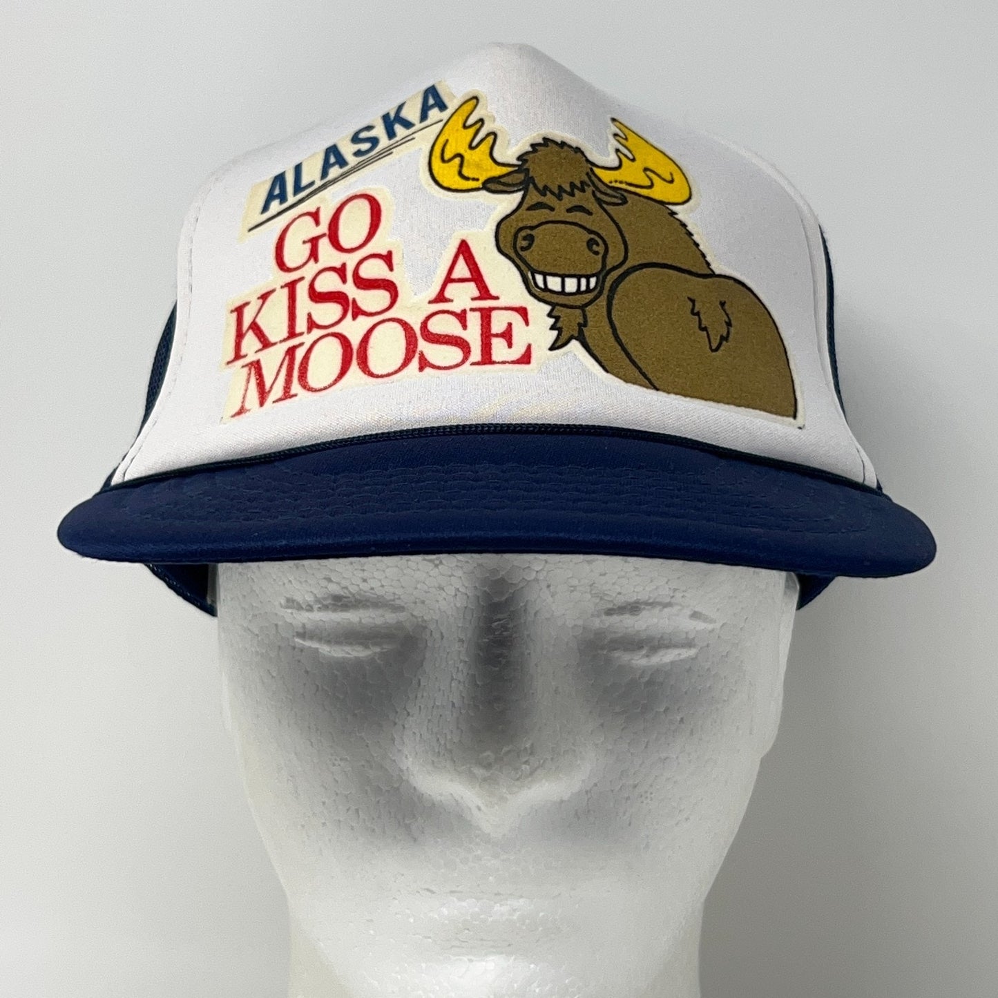 Vintage 80s Alaska Go Kiss a Moose Trucker Hat Baseball Cap Mesh Snapback Blue