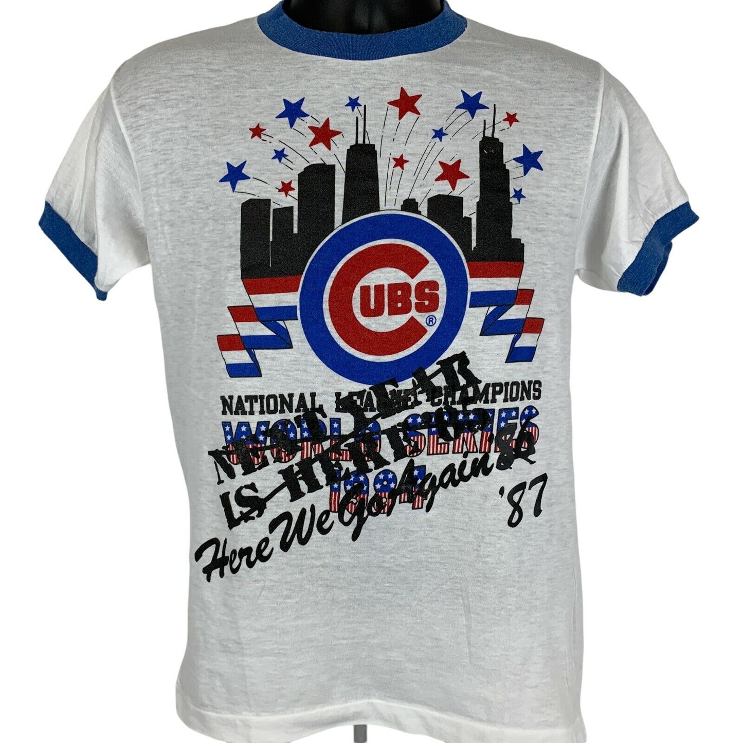 Camiseta con cuello redondo vintage de los Chicago Cubs World Series de los años 80, talla pequeña, MLB, EE. UU., para hombre, color blanco