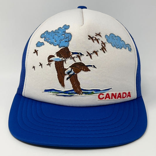 Vintage 80s Canada Trucker Hat Baseball Cap Blue Canadian Geese Goose Snapback