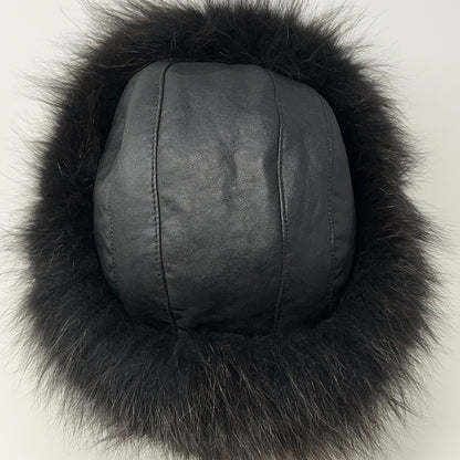 Leather and Fur Mongolian Cossack Roller Hat 59cm Black Brown Quilted Vintage