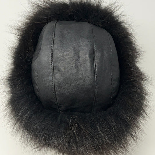Leather and Fur Mongolian Cossack Roller Hat 59cm Black Brown Quilted Vintage