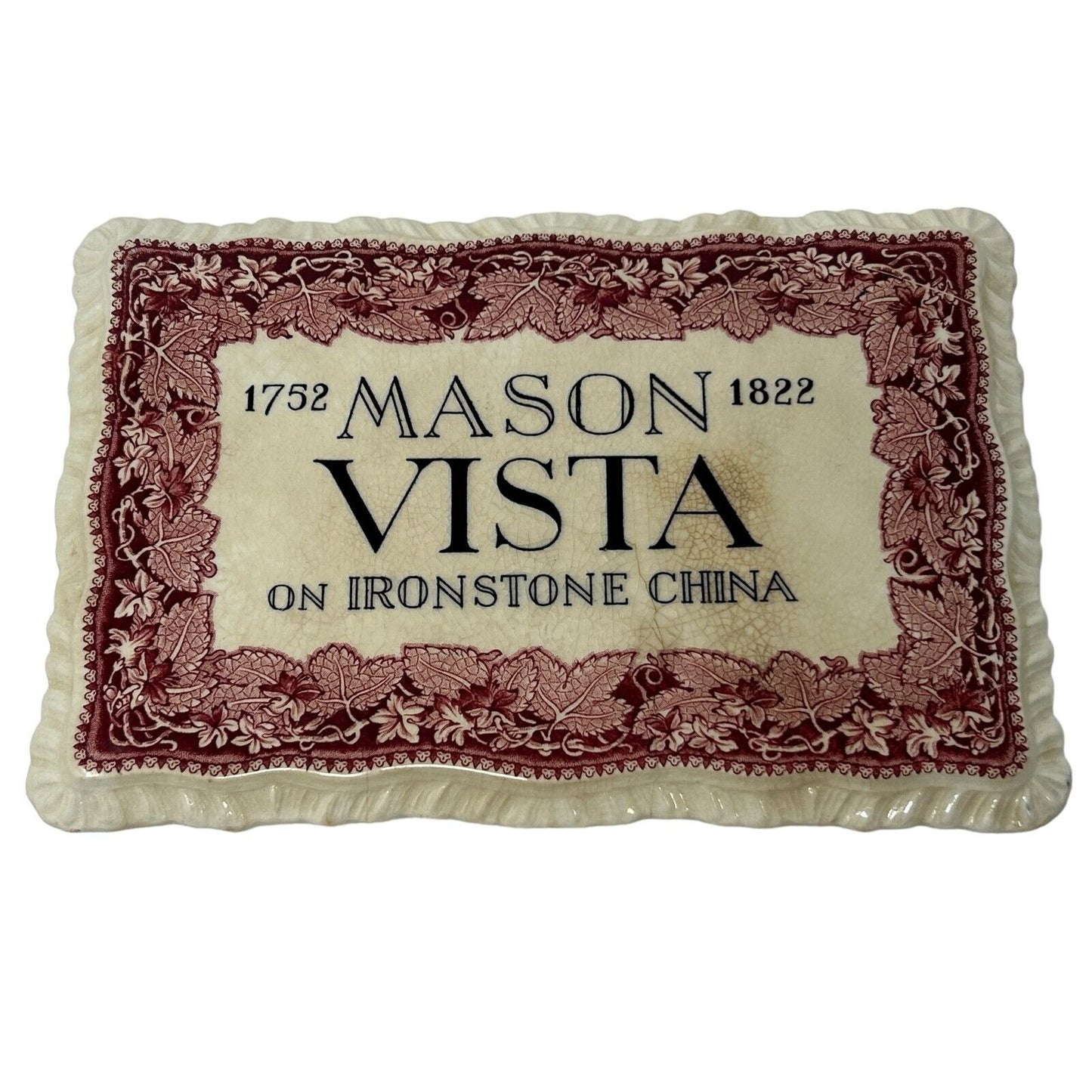 Mason Vista On Ironstone China Merchant Store Display Sign Plaque Antique White