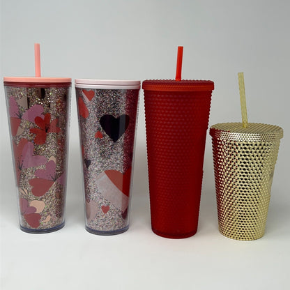 Lot of 4 Starbucks Cold Cup Tumblers Studded Gold Red Glitter Hearts Flowers Set