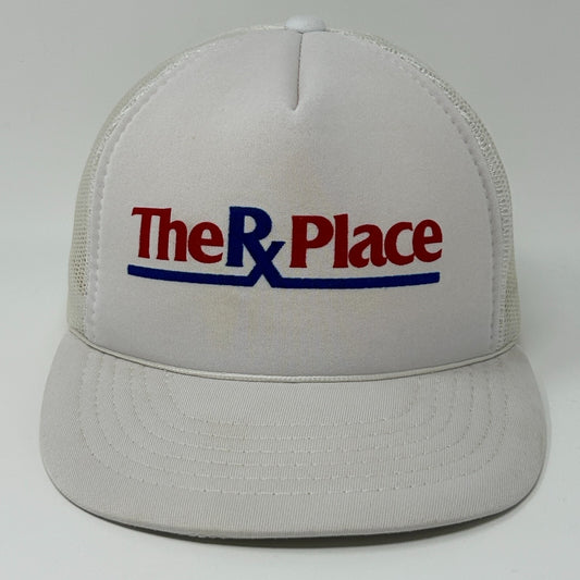 Vintage 80s The RX Place Drug Store Trucker Hat Baseball Cap Mesh Snapback White