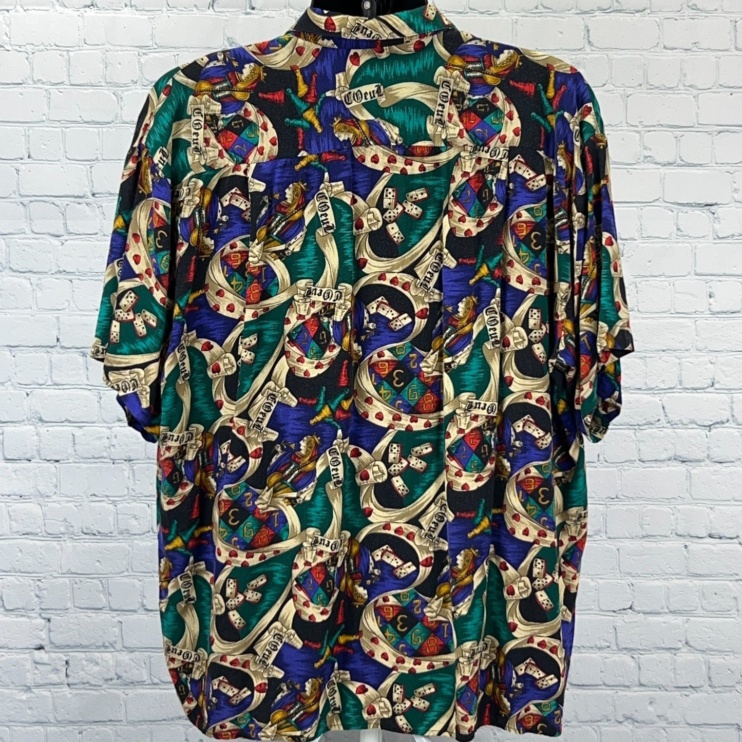 Vintage 90s Coeur Queen of Hearts Dominos Button Front Shirt Beige USA Mens 1XB
