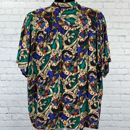 Vintage 90s Coeur Queen of Hearts Dominos Button Front Shirt Beige USA Mens 1XB