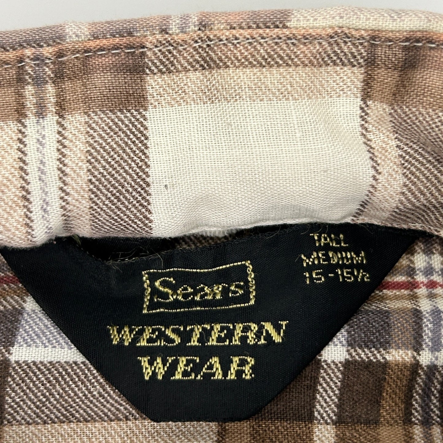 Vintage 70s Sears Western Wear Pearl Snap Button Front Shirt Beige M Medium Tall