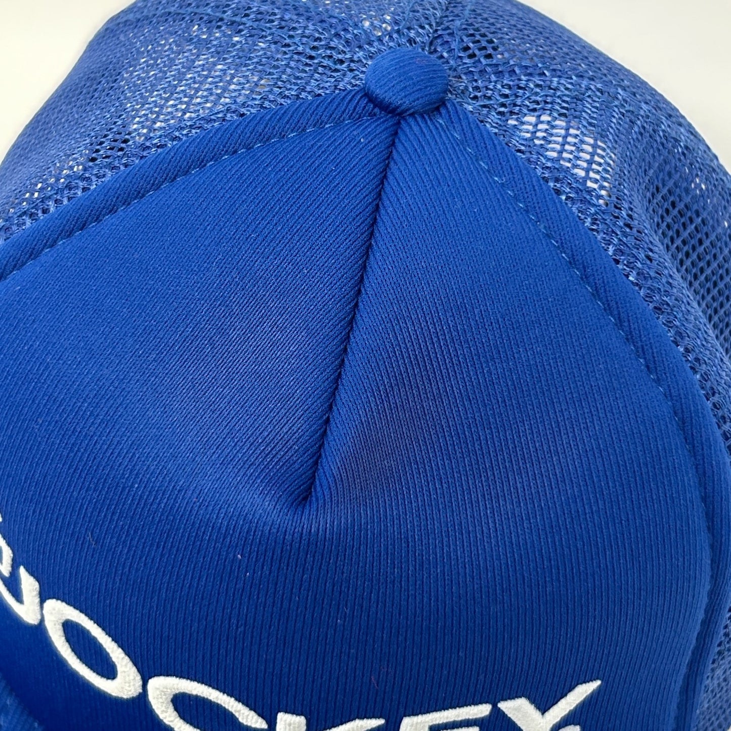 Vintage Jockey Brand Trucker Hat Cap Blue 80s Logo Mesh Snapback Foam Front