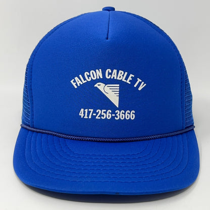 Vintage Trucker Hat in blue with Falcon Cable TV logo and phone number on the front view