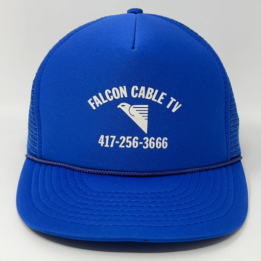Vintage Trucker Hat in blue with Falcon Cable TV logo and phone number on the front view