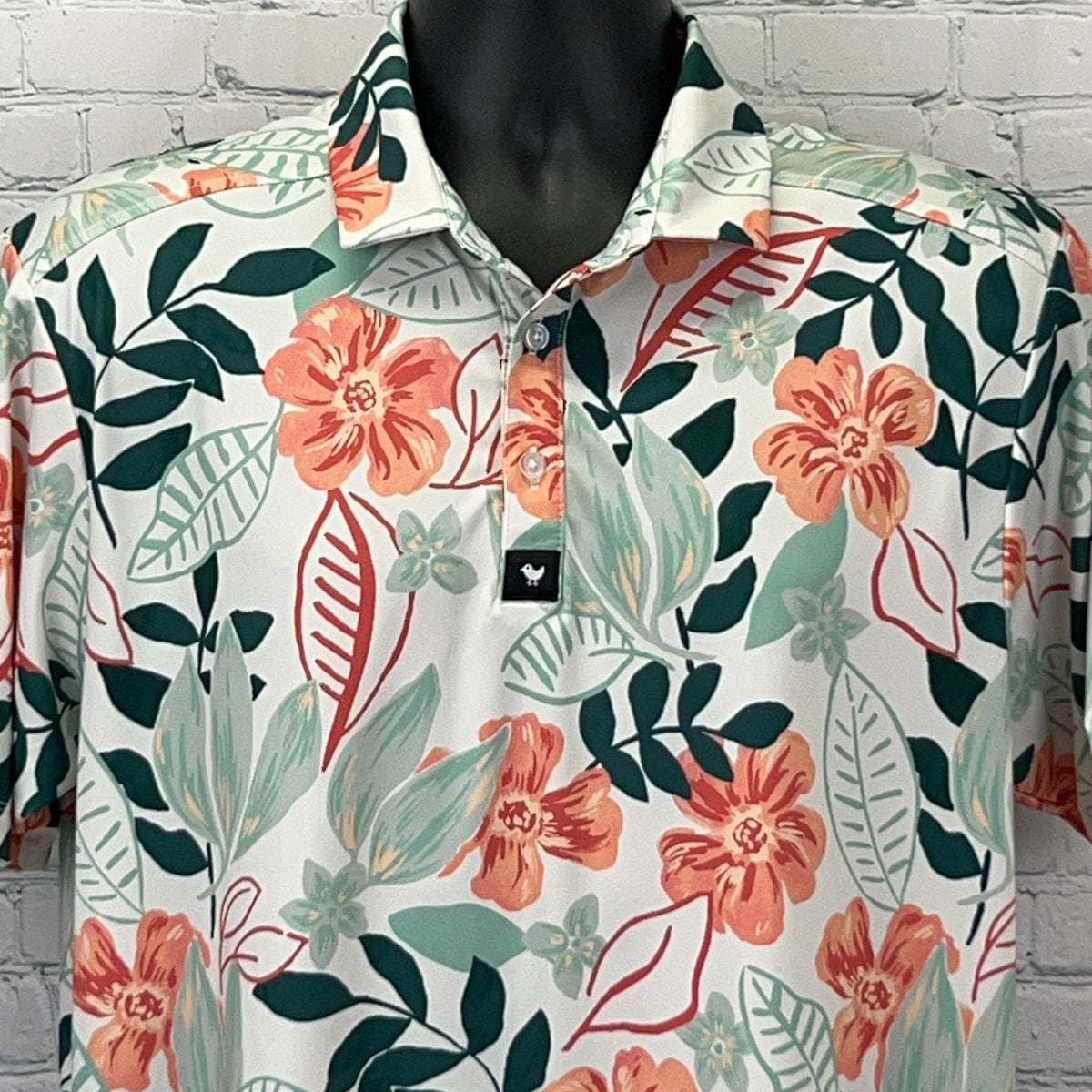 Bad Birdie Leafing Core Polo Shirt L Large White Floral Leaves Short Sleeve Golf