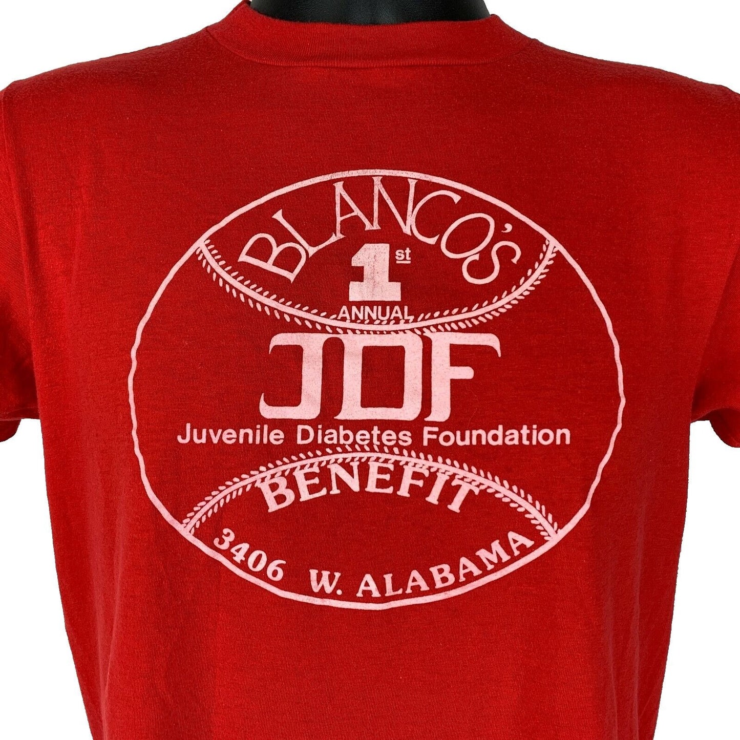 Vintage Blancos JDF Benefit Baseball T Shirt Mens Small Softball Houston 80s Red