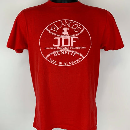 Vintage Blancos JDF Benefit Baseball T Shirt Mens Small Softball Houston 80s Red