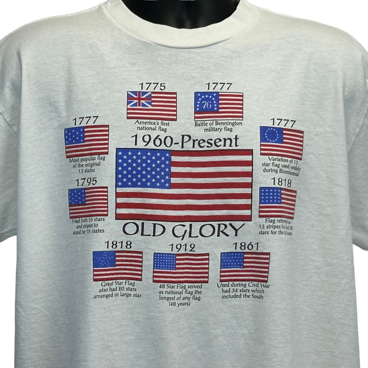 Camiseta vintage Old Glory con banderas estadounidenses, talla XL, talla XL, años 90, patriótica, para hombre, color blanco