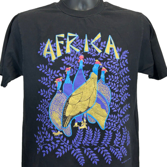 African Helmeted Guineafowl Vintage 90s T Shirt Medium Africa Ground Birds Black