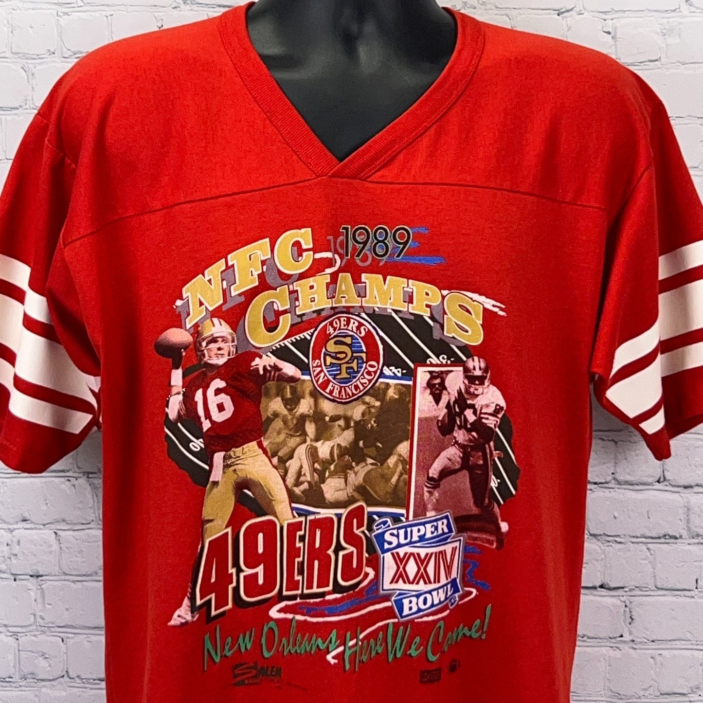 Vintage 80s San Francisco 49ers 1989 Joe Montana T Shirt L Large Red NFC Champs