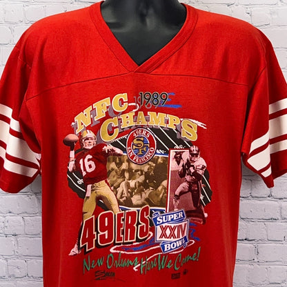 Vintage 80s San Francisco 49ers 1989 Joe Montana T Shirt L Large Red NFC Champs