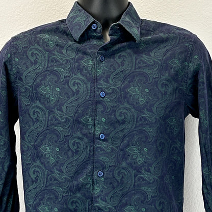 Robert Graham Button Front Shirt XS X-Small Blue Flip Cuffs Floral Paisley