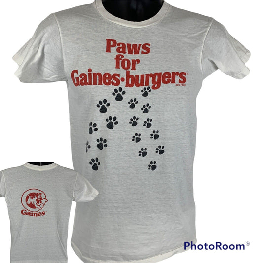 Paws For Gaines Burgers Dog Food Vintage 70s T Shirt Small Canine USA Mens White