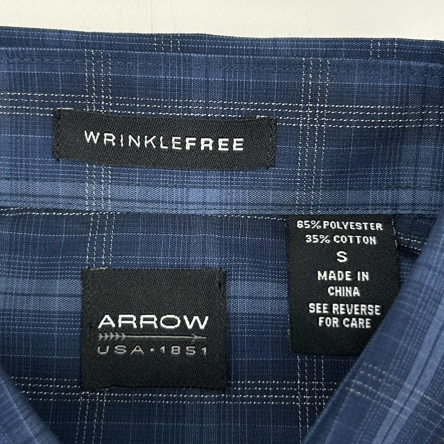 Arrow Wrinkle Free Button Front Shirt Blue Plaid Pocket Short Sleeve S Small - Neon Vintage
