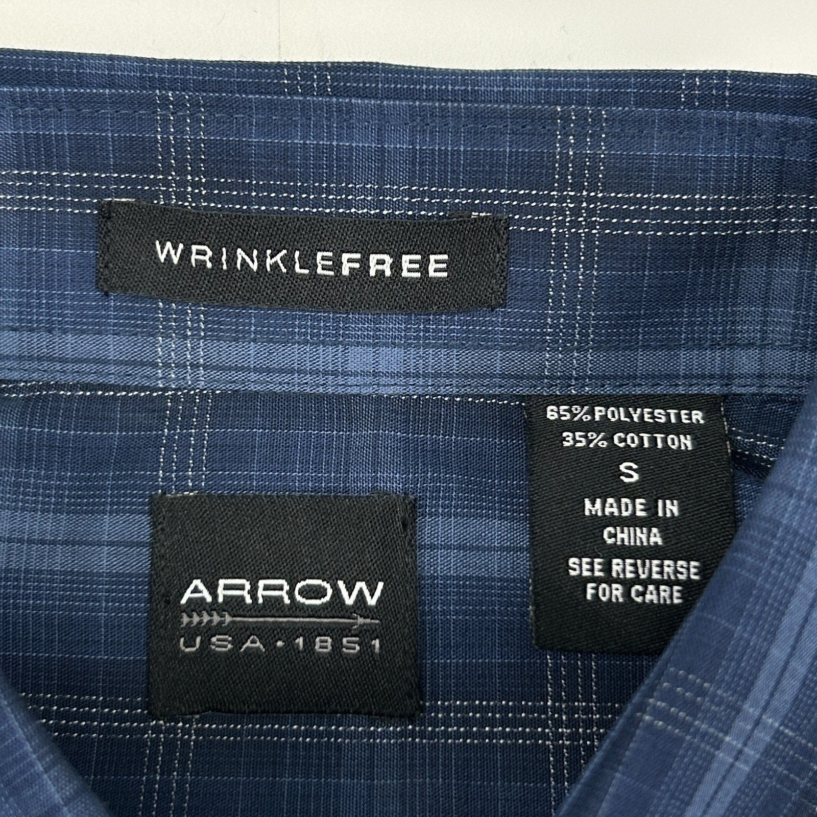 Arrow Wrinkle Free Button Front Shirt Blue Plaid Pocket Short Sleeve S Small - Neon Vintage
