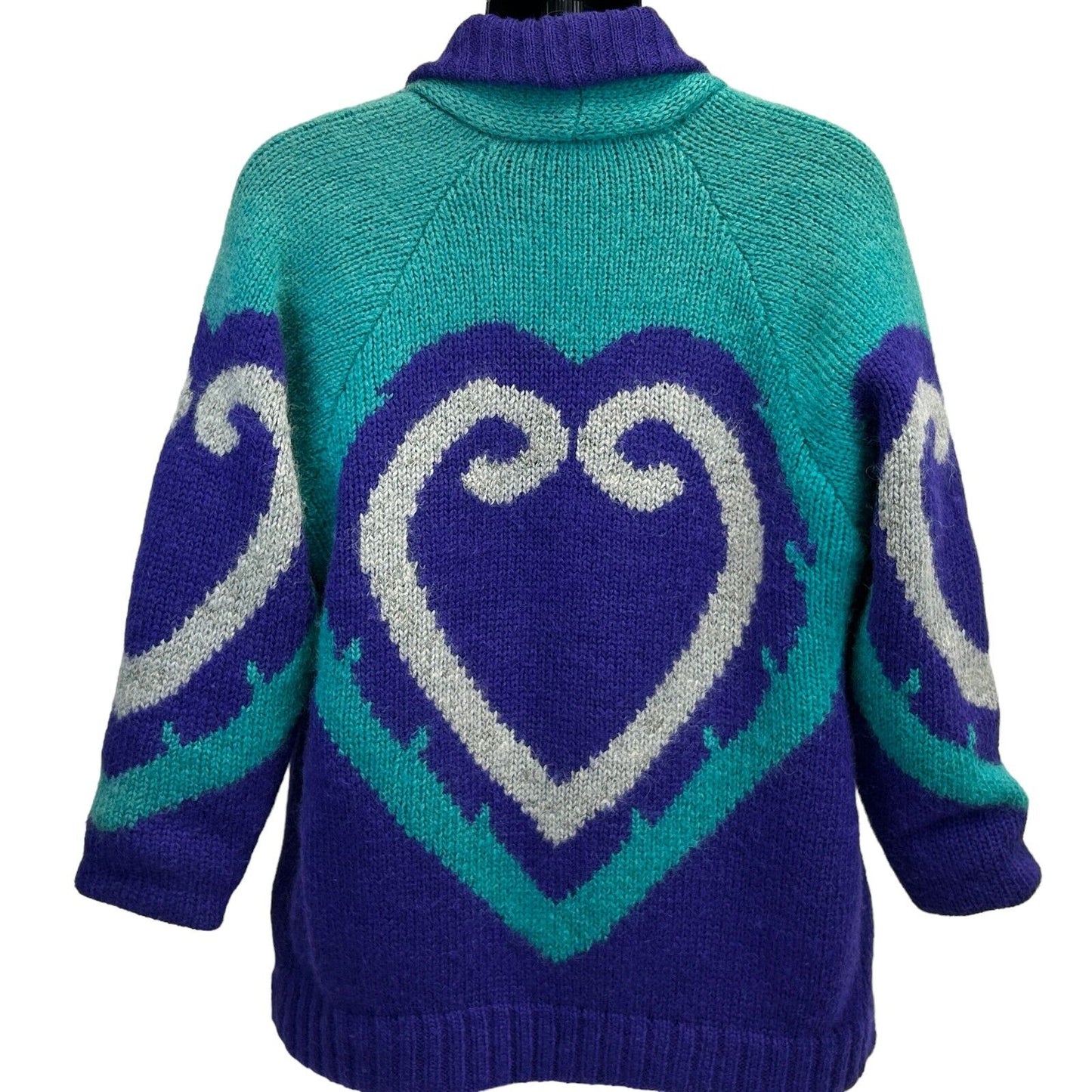 Vintage 80s Open Front Cardigan Sweater Jacket Medium Heart Mens Purple Green