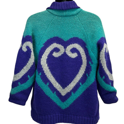 Chaqueta tipo cárdigan vintage de los años 80 con parte delantera abierta y diseño de corazón mediano para hombre, color morado y verde