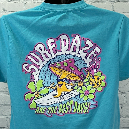 Maui and Sons Surf Daze Best Days T Shirt Mushrooms Surfer Surfing Blue M Medium