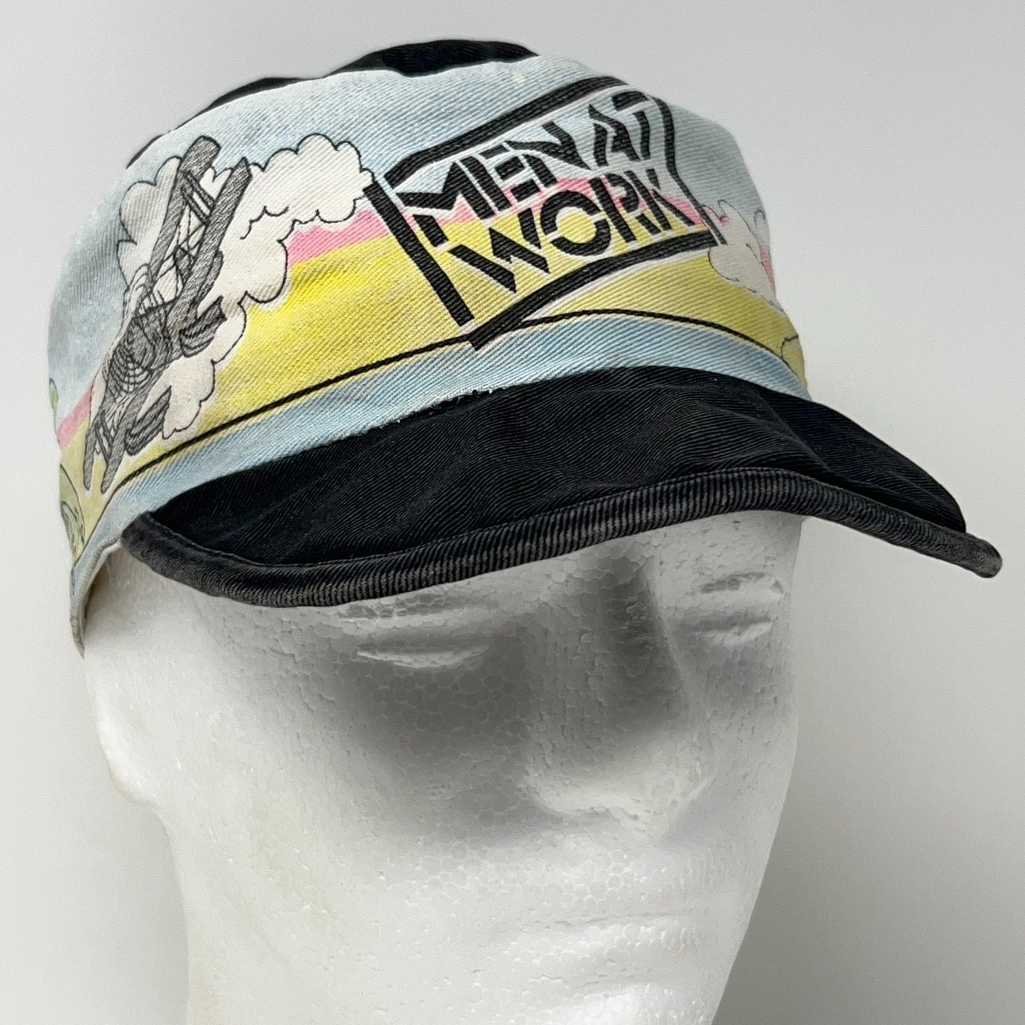 Vintage 80s Men at Work Cargo Painters Hat Baseball Cap Size S-M Black Rock Band