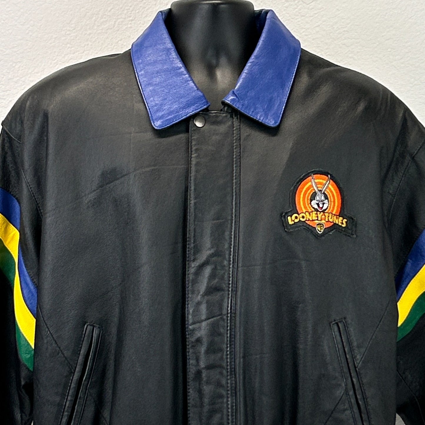 Vintage 90s Looney Tunes Leather Bomber Jacket 1997 Warner Bros Black L Large