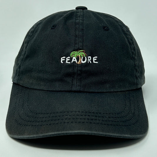 Black Feature Hat with embroidered palm tree logo, front view, adjustable strap, casual style
