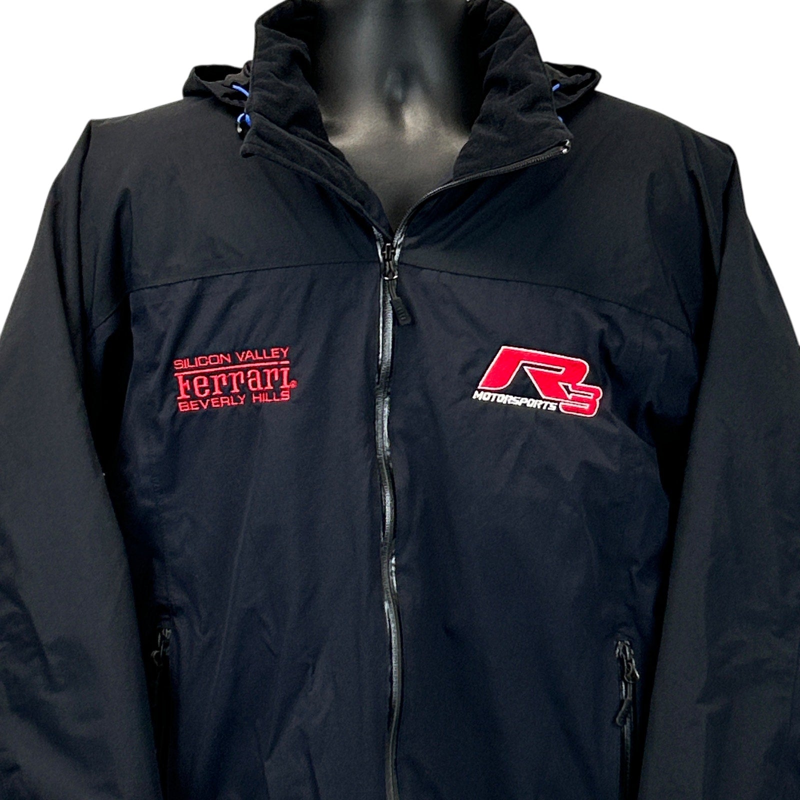 Lands' End Ferrari Black Jacket with Front Zipper and Red Logo Detail, Size Medium