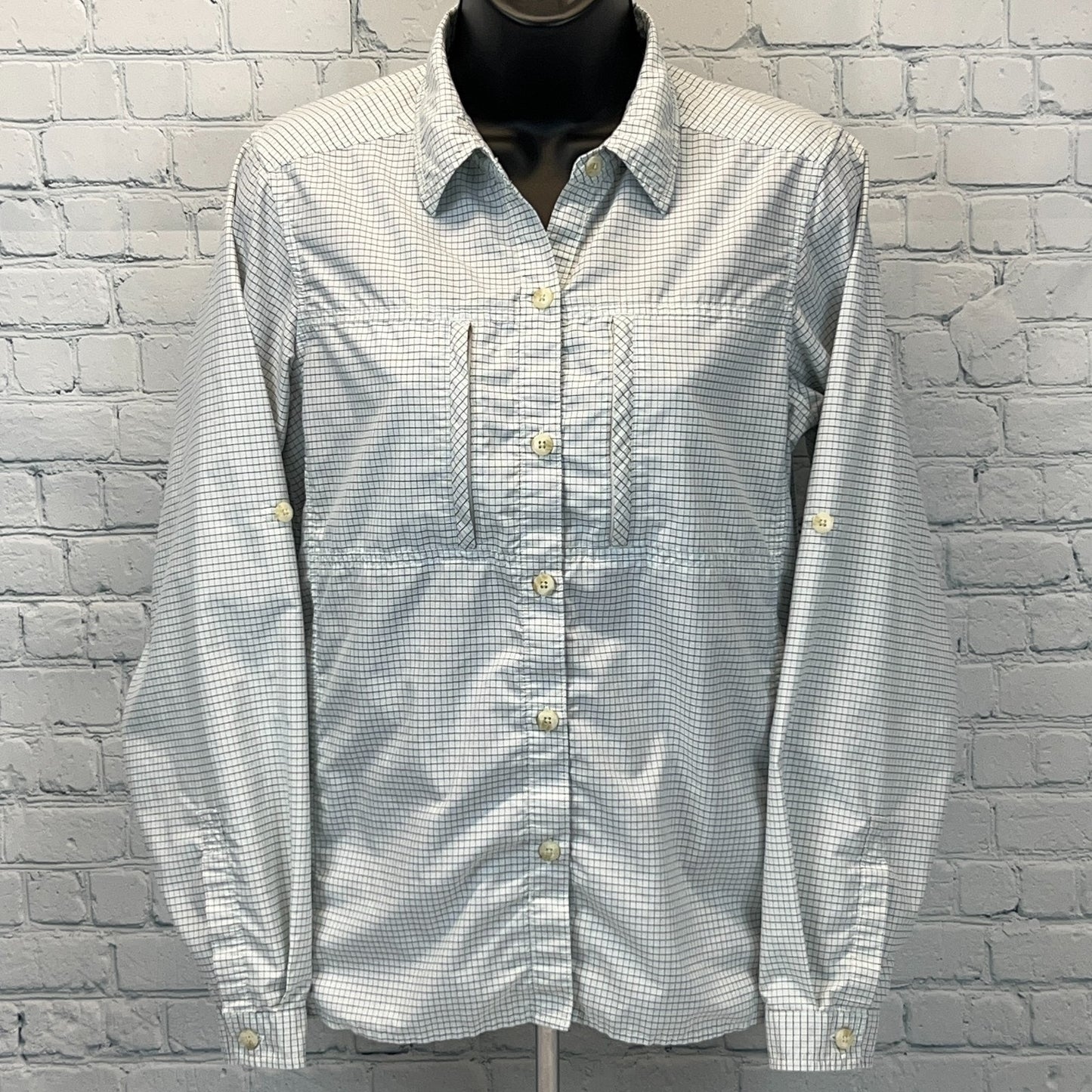 ExOfficio Button Front Shirt Hiking Hiker Fishing Blue Check Womens S Small