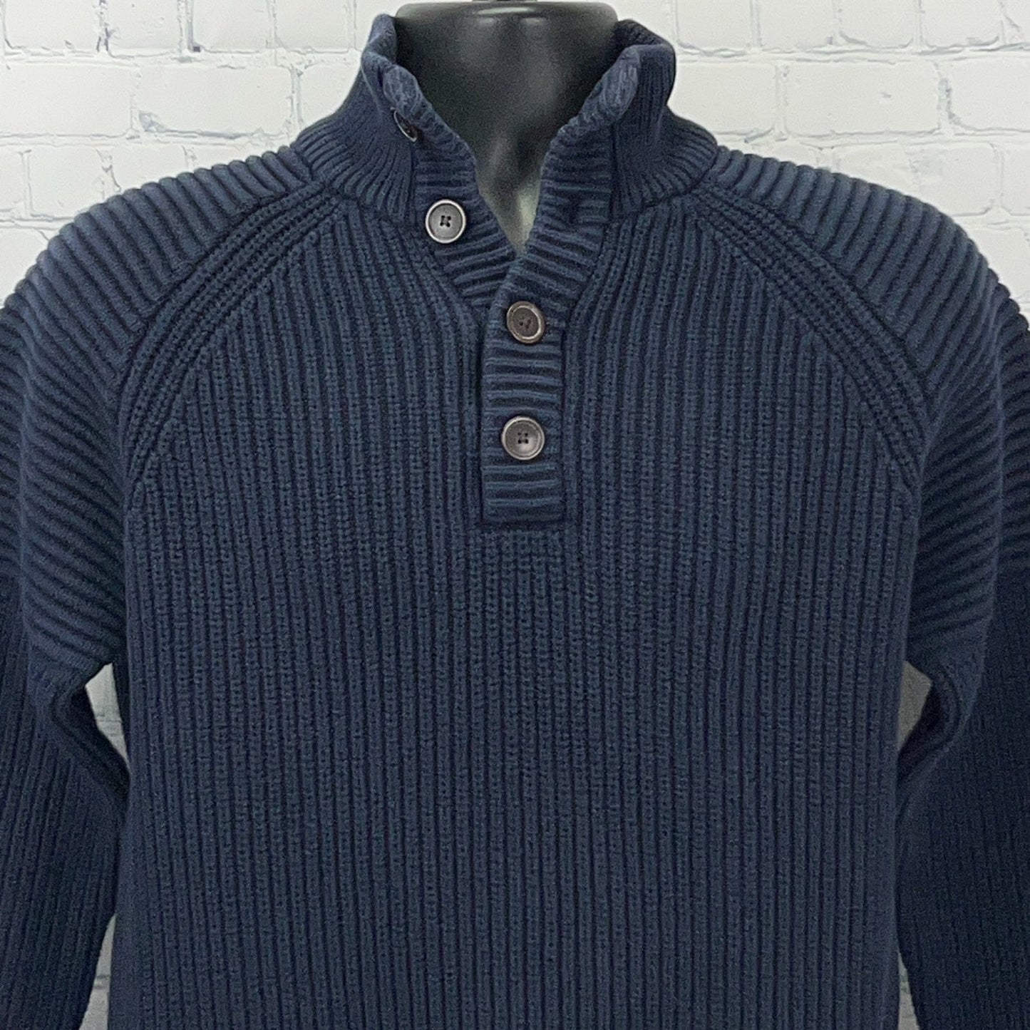 Esprit Original Cotton Rib Knit Sweater Mens M Medium Navy Blue Button Mock Neck