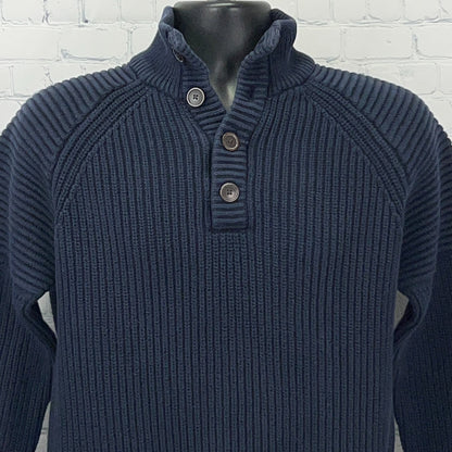 Esprit Original Cotton Rib Knit Sweater Mens M Medium Navy Blue Button Mock Neck