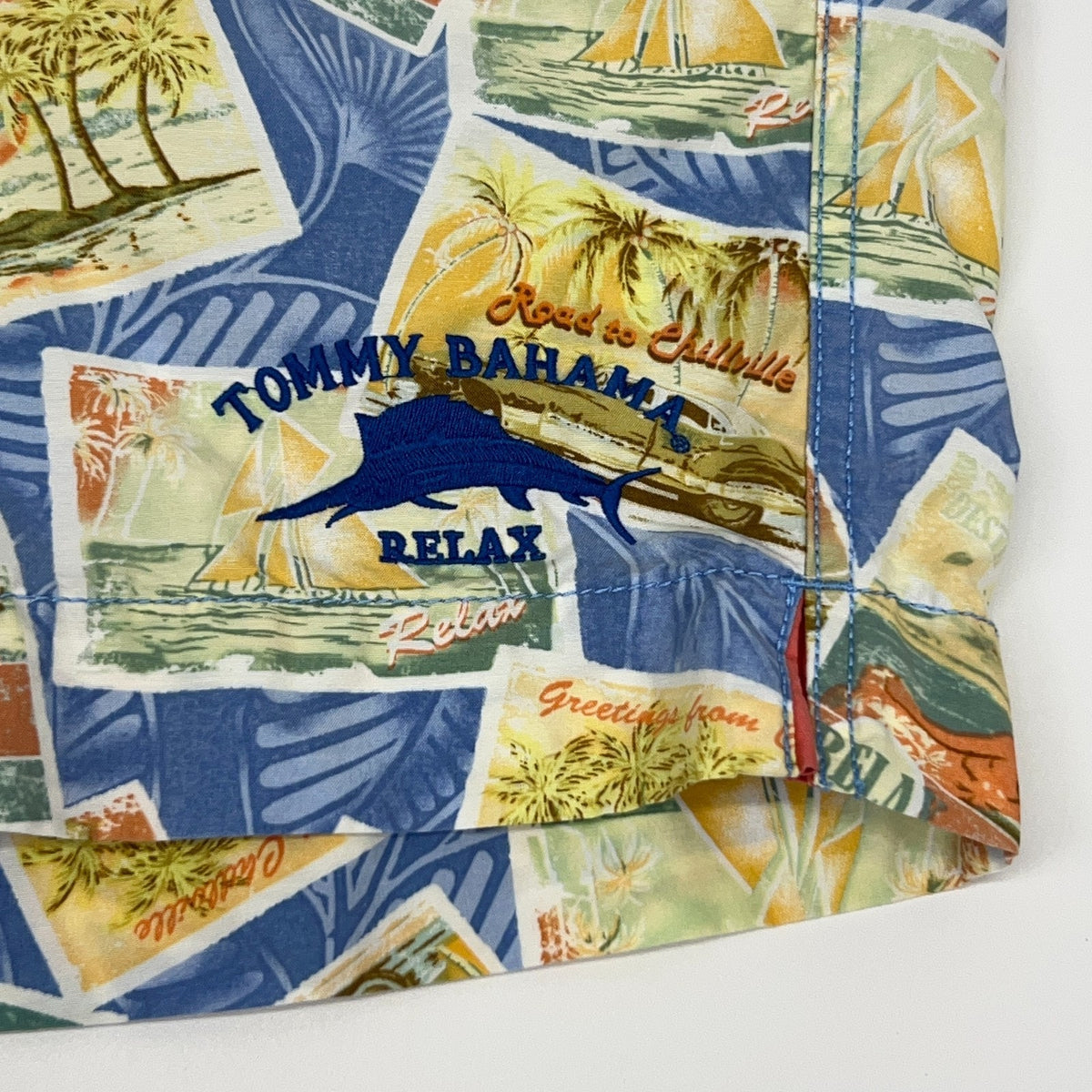 Tommy Bahama Relax Swim Trunks M Medium Blue Postcard Print Board Shorts Lined - Neon Vintage