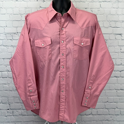 Vintage 70s Malco Modes Pearl Snap Button Front Shirt Western Pink L Large