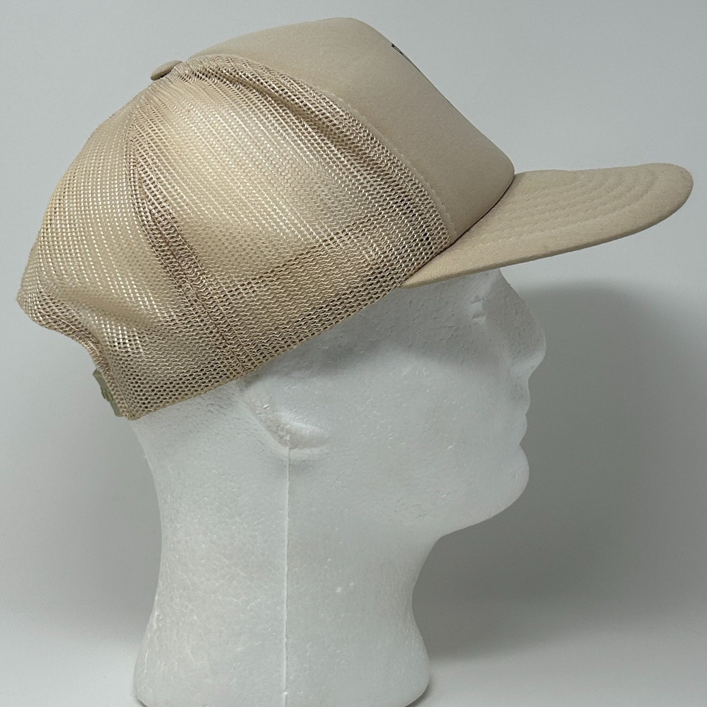 Vintage 80s Frontier Flaked Feed Trucker Hat Baseball Cap Farmer Beige Snapback - Neon Vintage