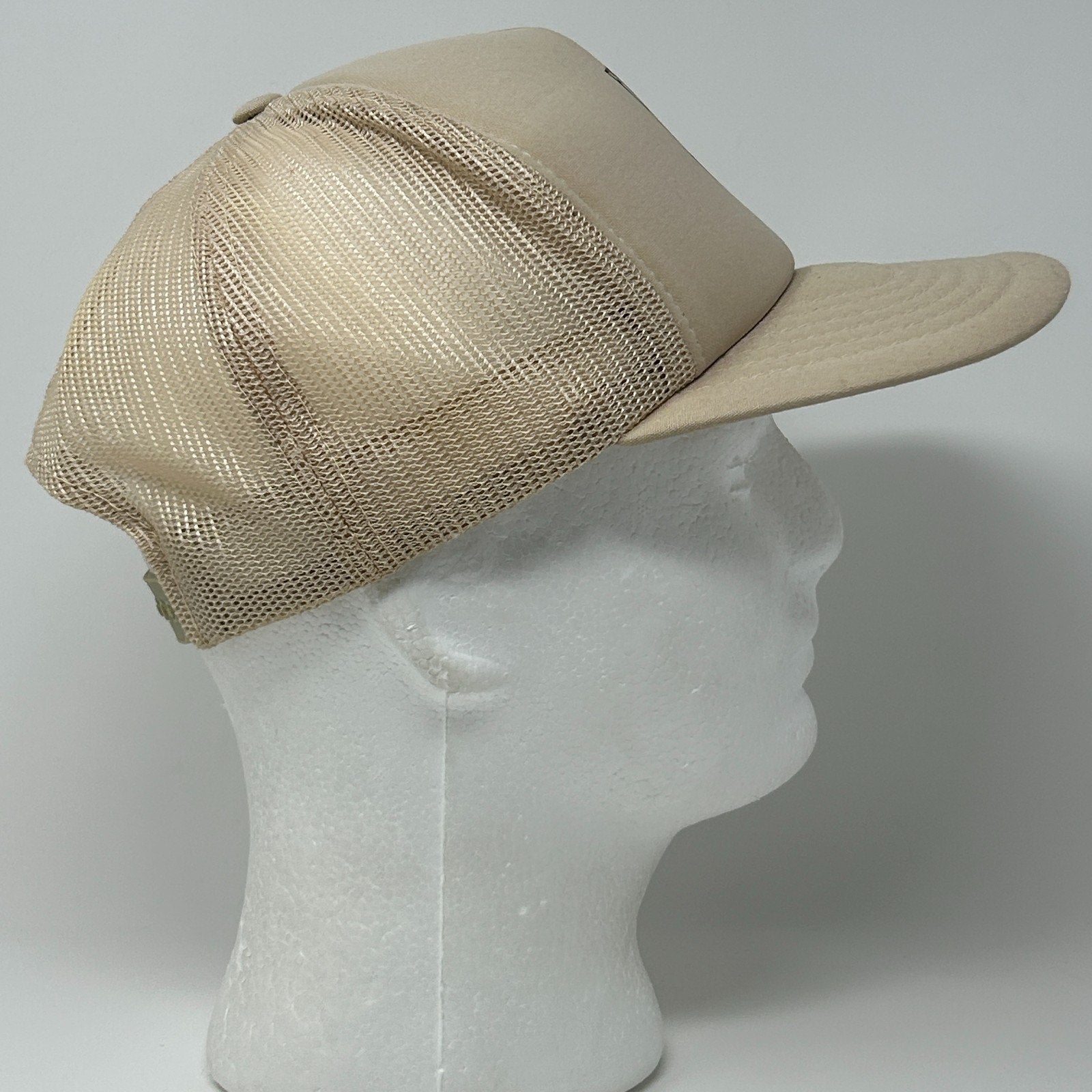 Vintage 80s Frontier Flaked Feed Trucker Hat Baseball Cap Farmer Beige Snapback - Neon Vintage
