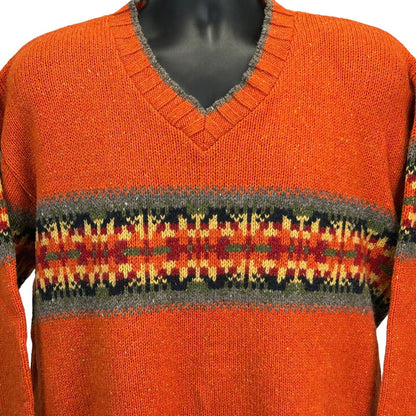 Eddie Bauer Vintage 90s Wool Blend Sweater Large V Neck Made In USA Mens Orange