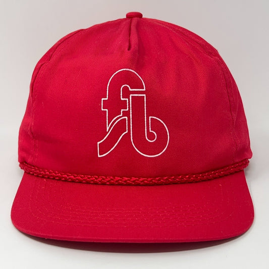 Red Vintage Baseball Hat with Braided Brim and White Logo, Front View