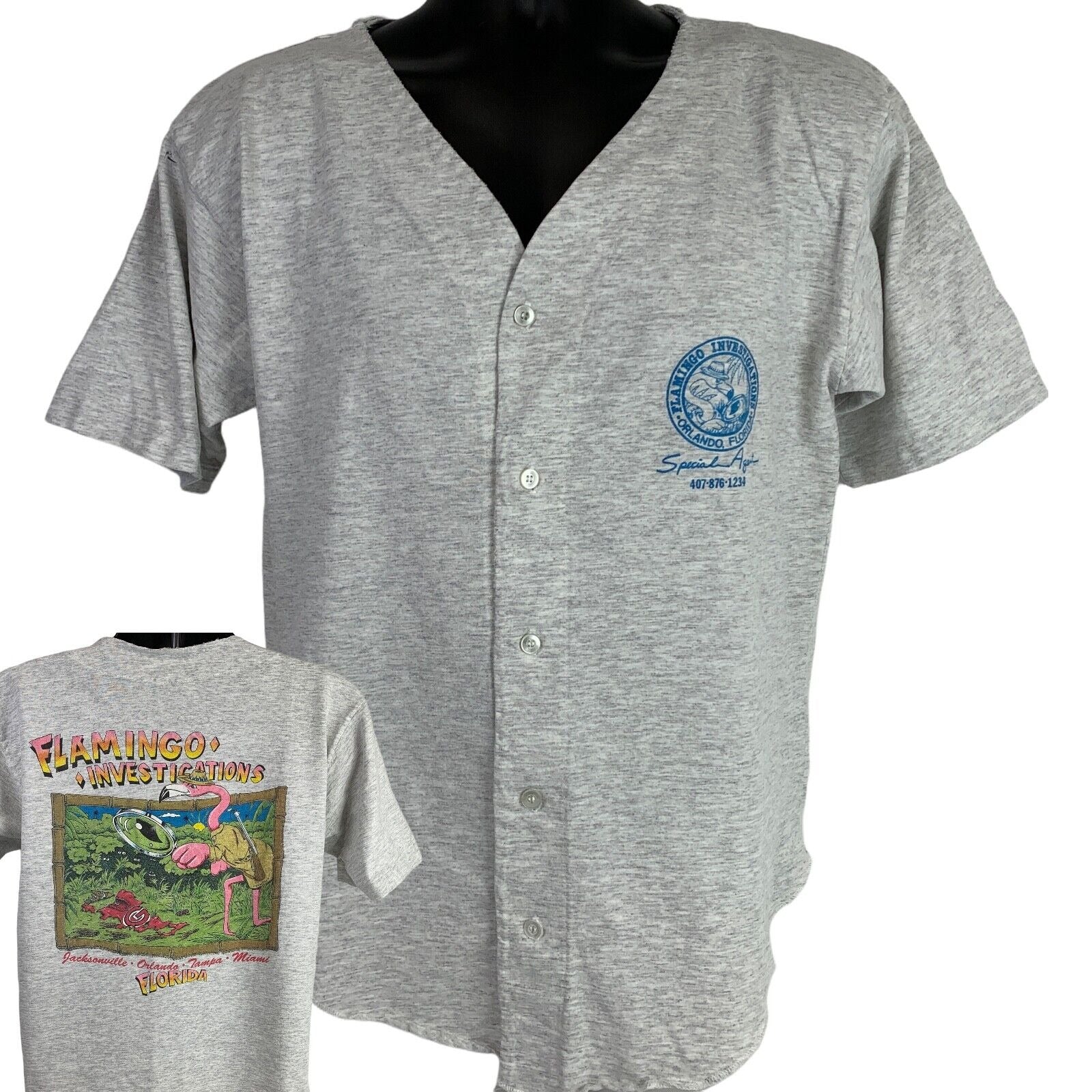 Vintage gray T-shirt featuring a Private Investigator graphic on the back and a flamingo design on the front