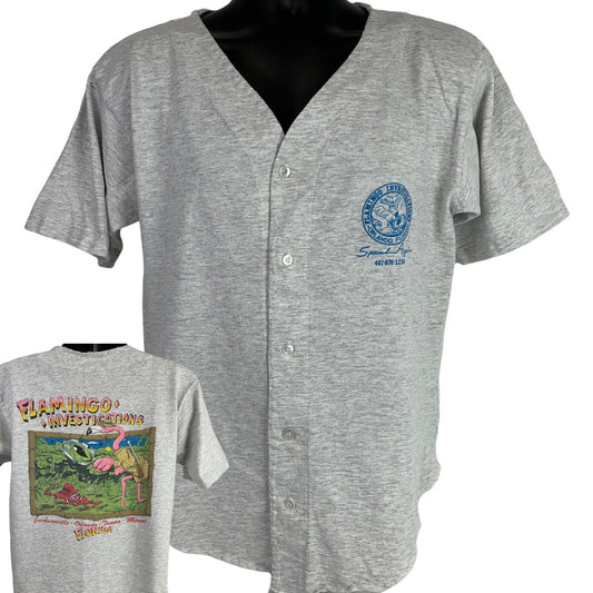 Vintage gray T-shirt featuring a Private Investigator graphic on the back and a flamingo design on the front