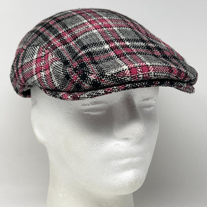 Stylish black and pink plaid Flat Cap for men with a tapered fit and curved brim