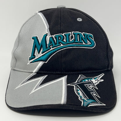 Black Miami Marlins cap with teal logo and grey accents showcasing front view and detailed stitching