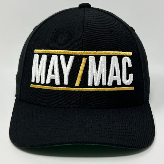 Black Yupoong hat featuring front embroidered May/Mac logo, perfect for Floyd Mayweather vs Conor McGregor fans