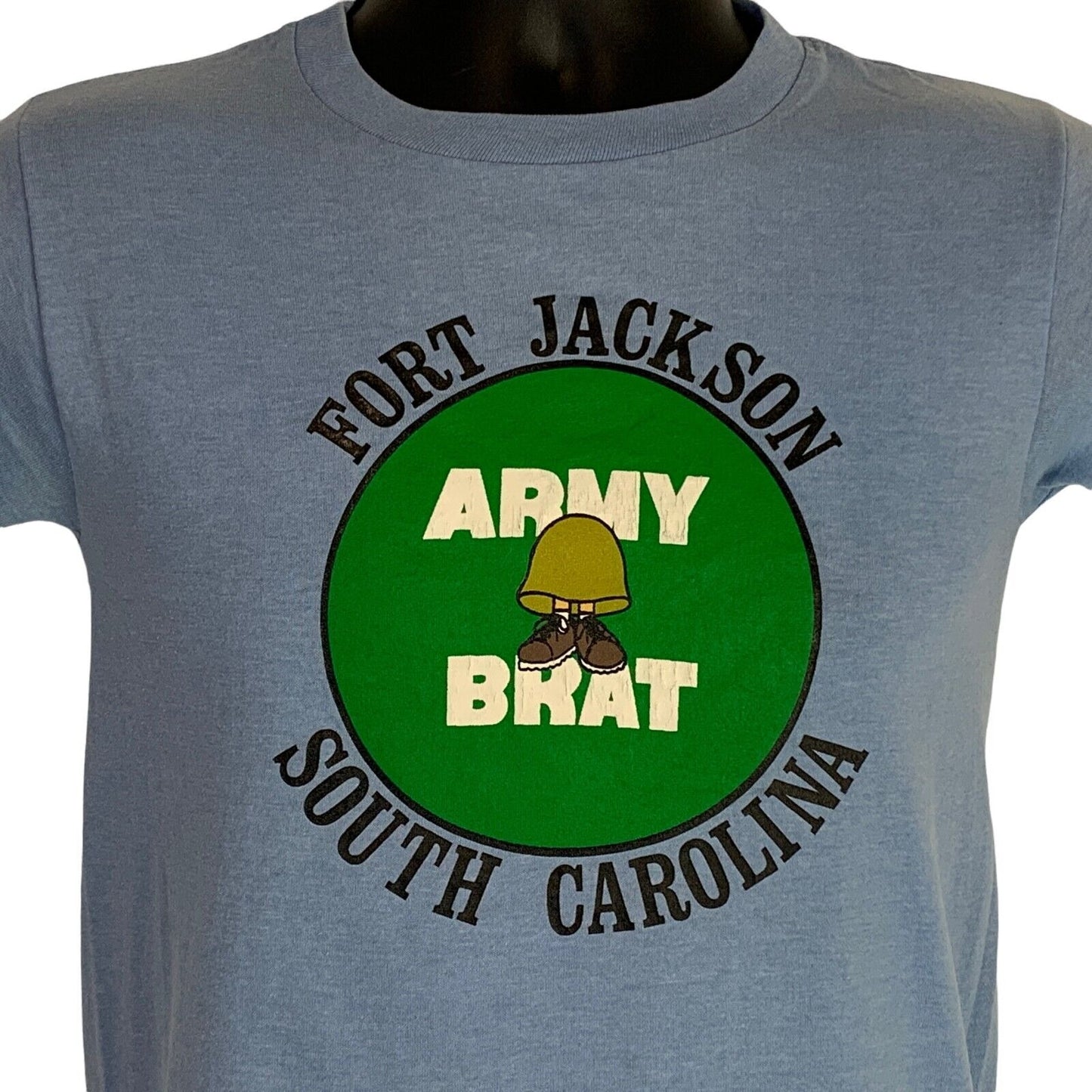 Front view Soffe blue T-Shirt size medium featuring Fort Jackson logo with Army Brat design